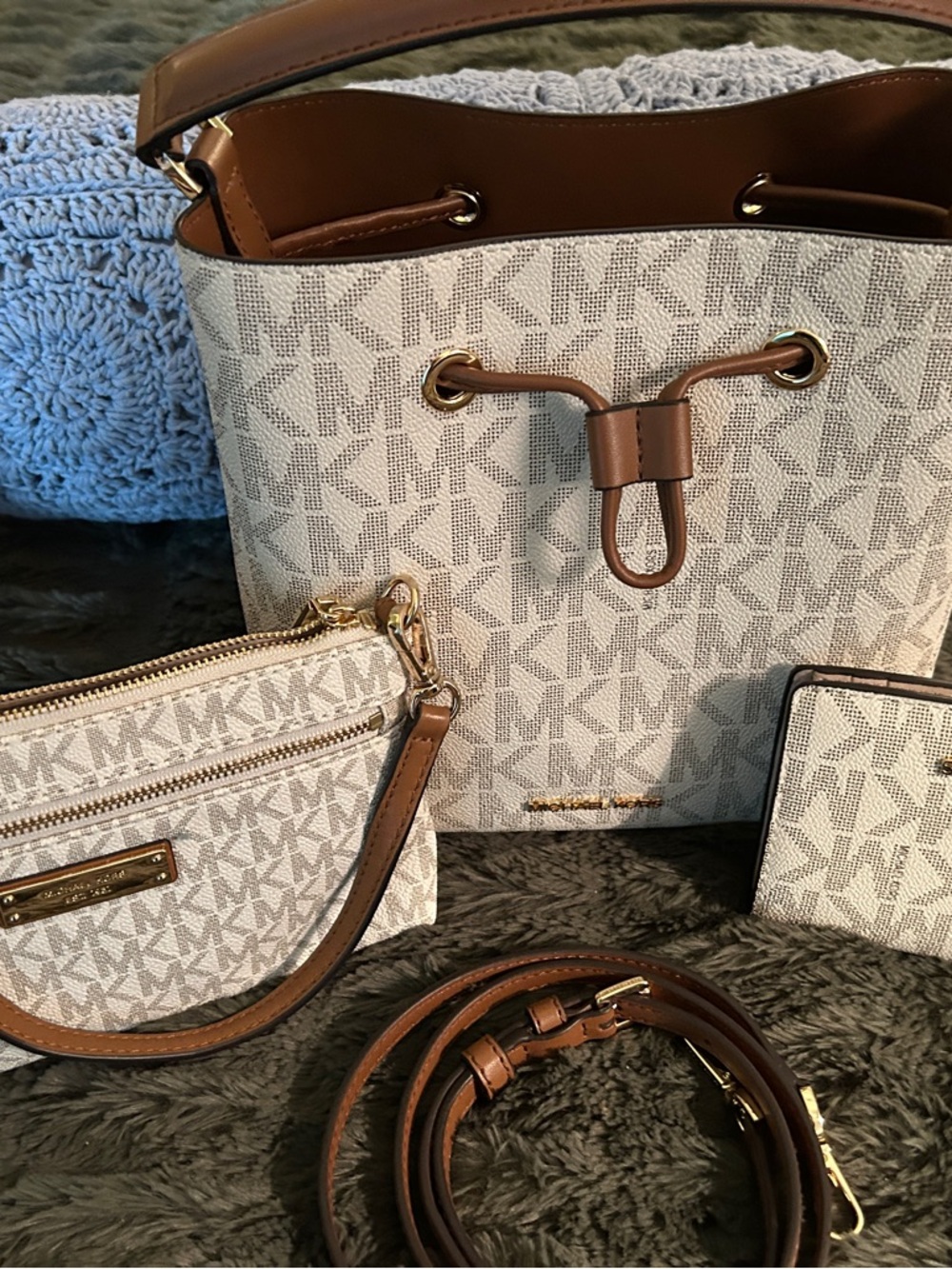 Michael Kors Cream Logo Bucket Shoulder Bag with Brown Trim
